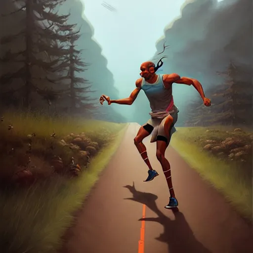 Image similar to cinematic painting of qwop!!!!!!!!!!!!!!!!! running down the trackby alvaro castagnet, peter mohrbacher and dan mumford, kinetic, motion, athletic, running