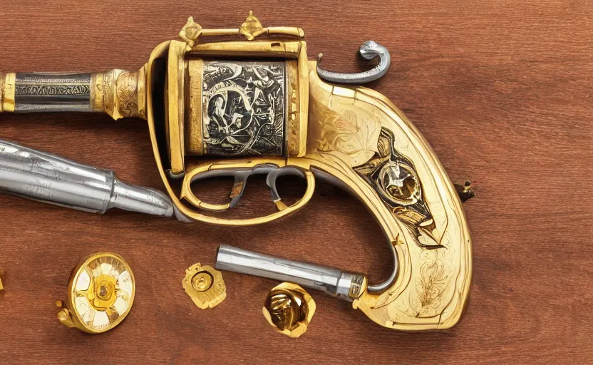 Image similar to golden revolver with engravings laying on a wooden table, complex, high detail