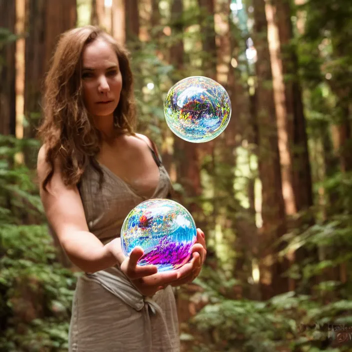 Image similar to a color photograph, closeup portrait of a woman wrapped in plastic, standing next to a bismuth orb, in a redwood forest, color photograph, by vincent desiderio, canon eos c 3 0 0, ƒ 1. 8, 3 5 mm, 8 k, medium - format print