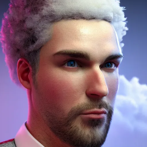 Image similar to beautiful 3D rendered fictional character, his head is made of fluffy clouds, wearing white suit, realistic, 8k, 4k, unreal engine, by Antoni Tudisco, artstation