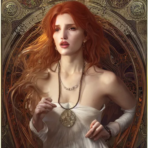 Image similar to ultra realistic illustration, bella thorne as old lady, intricate, elegant, highly detailed, digital painting, artstation, concept art, smooth, sharp focus, illustration, art by artgerm and greg rutkowski and alphonse mucha