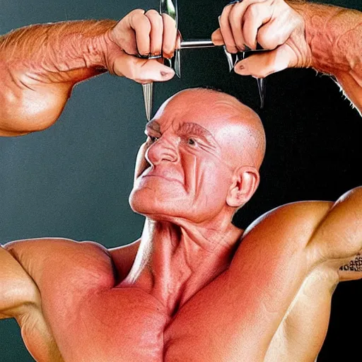 Prompt: fork bodybuilder with fork for head lifts forks