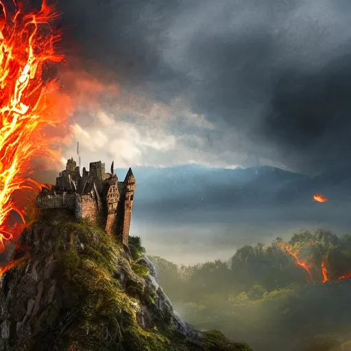 Image similar to a knight going to jump to get on a dragons back as the dragon breathes fire and inflames the ground beneath him, with castle in distance, stormy, raining, 4 k, hd, realistic