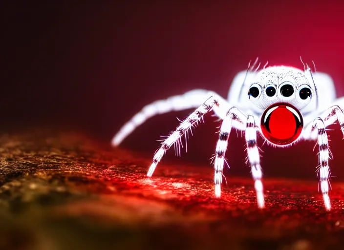 Image similar to white crystal clear spider with huge red eyes, in a foggy glowing forest. highly detailed 8 k. intricate. lifelike. soft light. fantasy horror style. cinematic post - processing, dof.