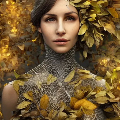 Image similar to a highly detailed digital image of a futuristic woman elegantly wrapped with leaves, by Andrea Chiampo, artstation and Frederik Heyman, extremely detailed woman, stunning volumetric lighting, hyper realism, fantasy 4k