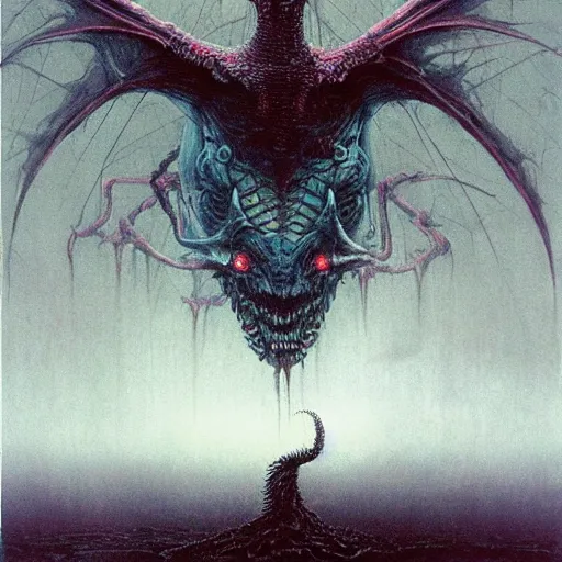 Prompt: cyber dragon beksinski, eldritch, apocalypse, creepy creature, horror spooky