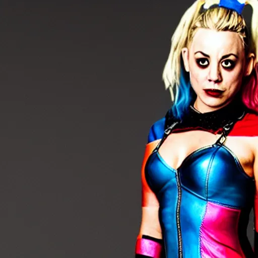 Image similar to A still of Kaley Cuoco as Harley Quinn