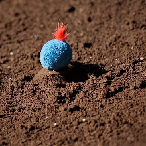 Image similar to photo of a small round creature made of dirt with round blue eyes and a round clown nose and a cute smile