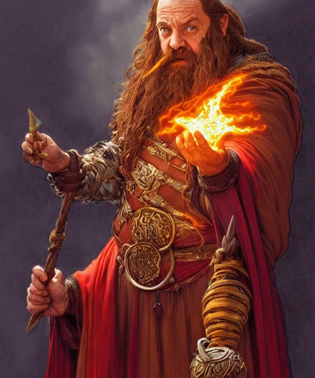 Prompt: gimli as a fantasy dwarf wizard, casting a fireball spell, with a staff and billowing cloak, portrait, fantasy, intricate, elegant, highly detailed, digital painting, artstation, concept art, smooth, sharp focus, illustration, art by larry elmore and greg rutkowski and alphonse mucha