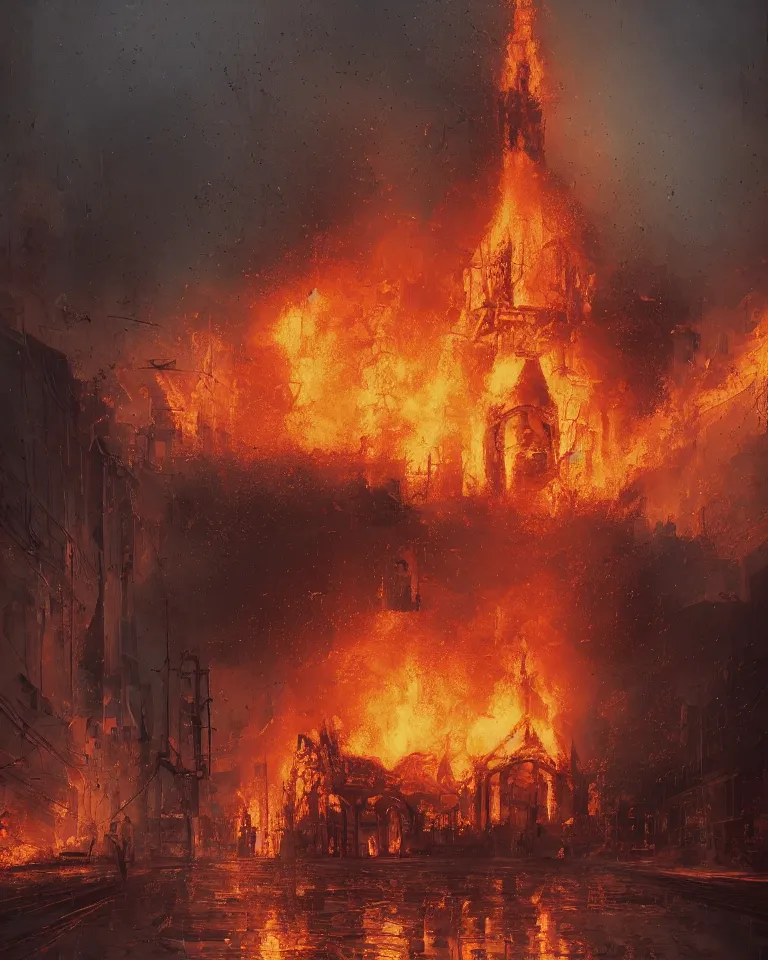 Prompt: a beautiful hyperrealistic architecture painting of a detailed burning church on fire by Alena Aenami, Anton Semenov, Alejandro Burdisio, trending on artstation, wikiart, gigantic, octane render, brilliantly coloured, intricate, ultra wide angle, trending on artstation, dusk, smoke, embers, flames, volumetric lighting, polished, micro details, ray tracing, 8k