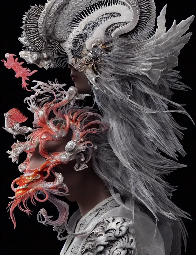 Image similar to 3 d goddess of death close - up profile portrait with ram skull. beautiful intricately detailed japanese crow kitsune mask and clasical japanese kimono. betta fish, jellyfish phoenix, bio luminescent, plasma, ice, water, wind, creature, artwork by tooth wu and wlop and beeple and greg rutkowski