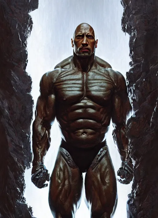 Image similar to dwayne johnson as victor stone, full body concept, cyborg, borg, strogg, face of a man, terminator, flesh, quake strogg, doom demon, wolfenstein, monstrous, powerful, symmetry, symmetrical, concept art by ruan jia and greg rutkowski