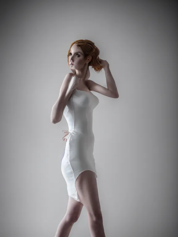 Prompt: studio photo of gorgeous seductive tall emily skinner cosplaying annie leonhart wearing heels, wearing tight white wet dress, in a white room, beautiful face, pale skin, rule of thirds, cinematic lighting, sharp focus, backlit, stunning, smooth, hard focus, full body shot, shot on sony a 7 iii