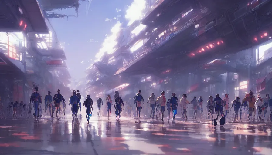 Image similar to robots and people run a marathon, yoshiyuki sadamoto artgerm greg rutkowski makoto shinkai studio ghibli, artstation