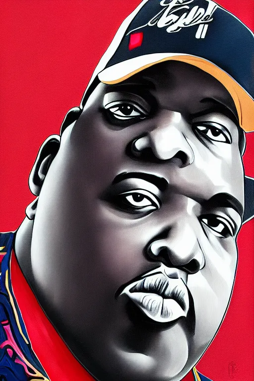 Prompt: a portrait of biggie smalls in style of rudy gutierrez, masterpiece, hyperdetailed, complex, intricate, 4 k, trending on artstation