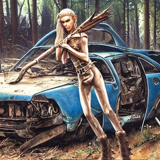 Prompt: a skinny high-fantasy elf with a long narrow face and spiky blonde hair wearing dark brown overalls and holding a bomb next to a destroyed car, painting by Ed Binkley