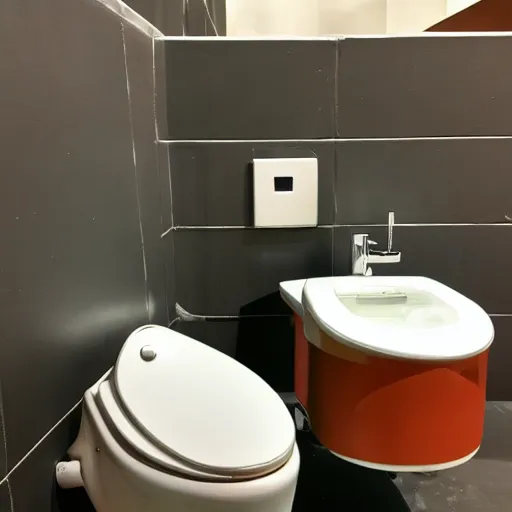 Image similar to mid-century modern toilet with leather seat designed by Charles and Ray Eames, as a museum exhibit