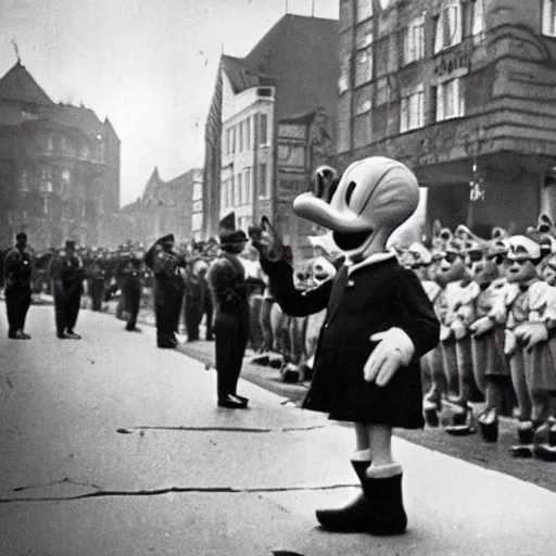 Image similar to historic colorized photograph of donald duck at a nazi parade in 1 9 3 6