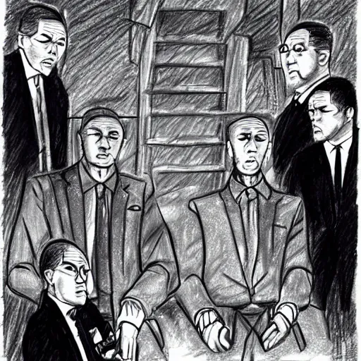 Image similar to A drawing of Kazakh mafia in stylish Italian suits with Tommy guns, smoking cigars
