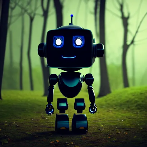 Prompt: a cute little robot in a wood. super realistic 8 k render of a dark hooded powerful elegant, cinematic composition