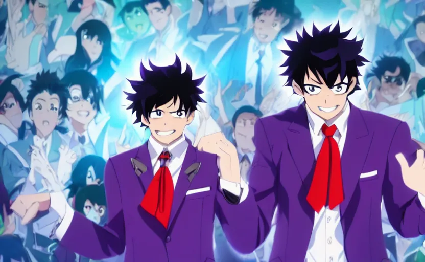 Prompt: a guy with black hair, wears a comedian purple suit and a red bowtie, anime character design key visual, Official media from My Hero Academia, sharp, 4k HD