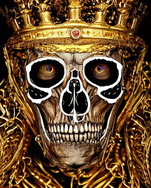 Image similar to realistic portrait of a king of bones, dark, gold, silver ornaments, facing camera, photo realistic, detailed, 1 4 5 0, delicate, hyper realism, ultra realistic, 8 k