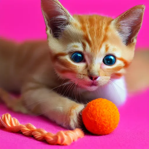 Image similar to orange tabby kitten playing with a ball of yarn, in lego, with pink background