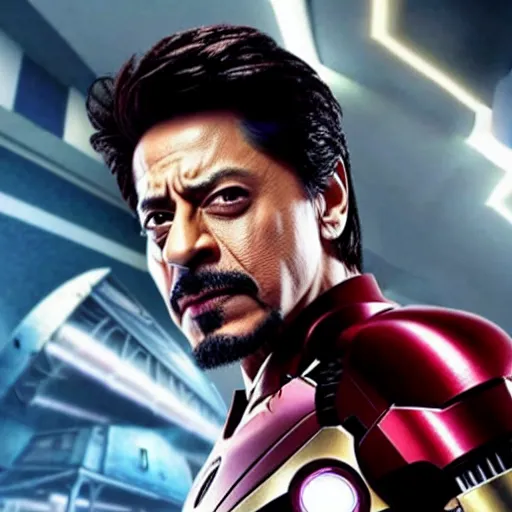 Prompt: film still of shah rukh khan as tony stark in iron man