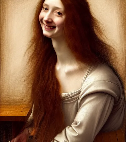 Prompt: portrait of a long - haired woman smiling as she is sitting upon a table with heightened detail, poised, intense emotion, detailed facial expression, detailed surroundings, intricate, elegant, highly detailed, centered, digital painting, artstation, concept art, smooth, sharp focus, illustration, by ( leonardo da vinci ), wlop