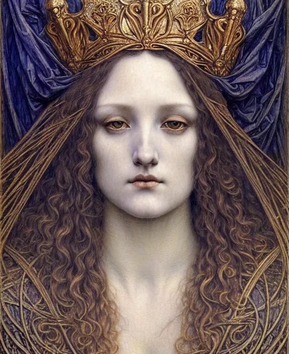 Image similar to detailed realistic beautiful young medieval queen face portrait by jean delville, gustave dore and marco mazzoni, art nouveau, symbolist, visionary, gothic, pre - raphaelite. horizontal symmetry