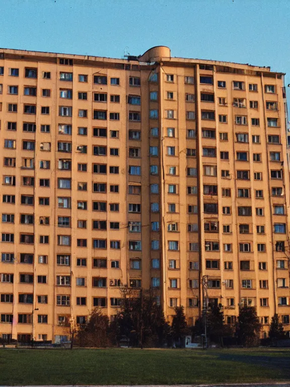 Image similar to soviet panel apartment building photo, extreme wide shot, golden hour, kodak gold 2 0 0, side - view