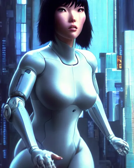 Image similar to weta disney pixar movie still portrait photo of motoko kusanagi ghost in the shell : : as cyborg woman by pixar : : by weta, wlop, ilya kuvshinov, rossdraws, artgerm, marvel, maxim cover, latex, octane render, sweaty, iridescent, bright morning, anime, liosh, mucha : :