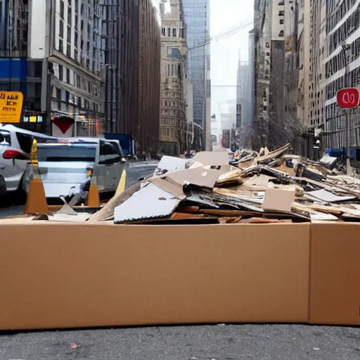 Image similar to a giant anthropomorphic cardboard box wreaking havoc on city, destroying buildings