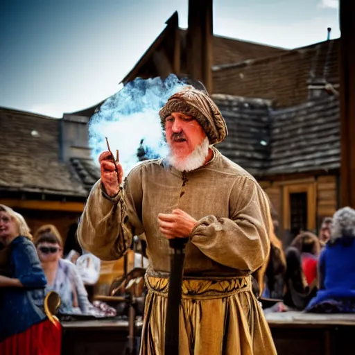 Image similar to a medieval bard singing in a wooden stage in the middle of an old wooden town with his hurdy - gurdy. smoke explosion around him. mid day light. medieval market fest.