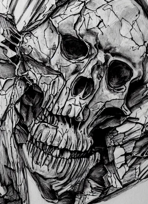 Image similar to close up of a shattered skeleton, head and shoulders, ink on paper