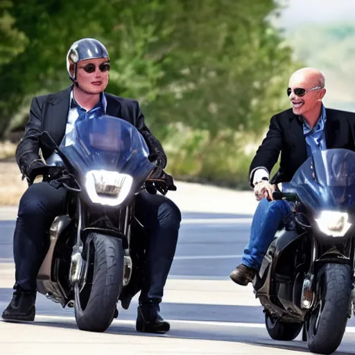 Image similar to elon musk and jeff bezos on a motorcycle