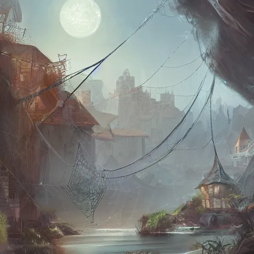 Image similar to a tiny miniscule town living on the thread of a spiders web, fantasy concept art, trending on art station, stunning visuals, creative, cinematic, ultra detailed