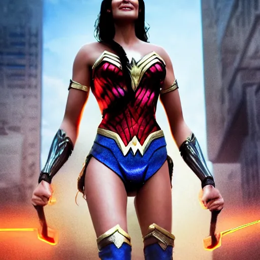 Image similar to hyperrealistic film full body still of mia khalifa as wonder woman, inspired by istvan sandorfi & greg rutkowski & unreal engine, perfect facial symmetry, dim volumetric cinematic lighting, 8 k octane comprehensive render, extremely hyper - detailed, incredibly lifelike attributes, intricate, real flesh texture, masterpiece, artstation, stunning,