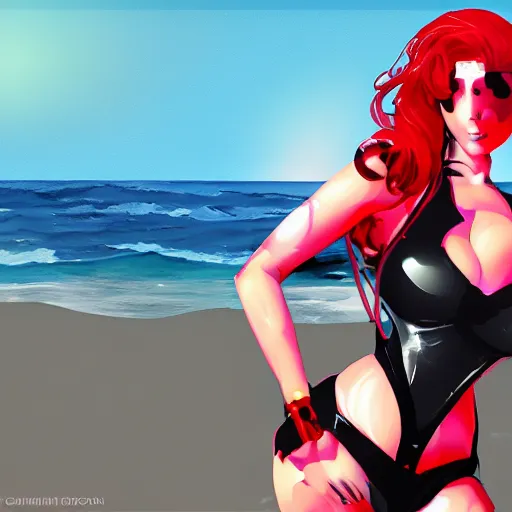 Image similar to cybertronic woman with scarlet red hair and curvacious body at the beach, yoji shinkawa influences, digital painting, synthwave, anime influences