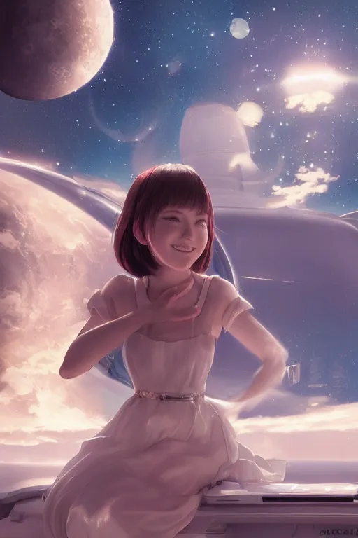 Prompt: girl sitting on a spaceship window, beautiful detailed dress, medium shot, smiling, by artgerm, by wlop, anime style, octane render