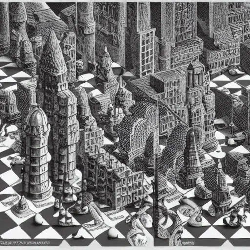 Image similar to concept art of a city whose inhabitants are chess pieces, by m. c. escher