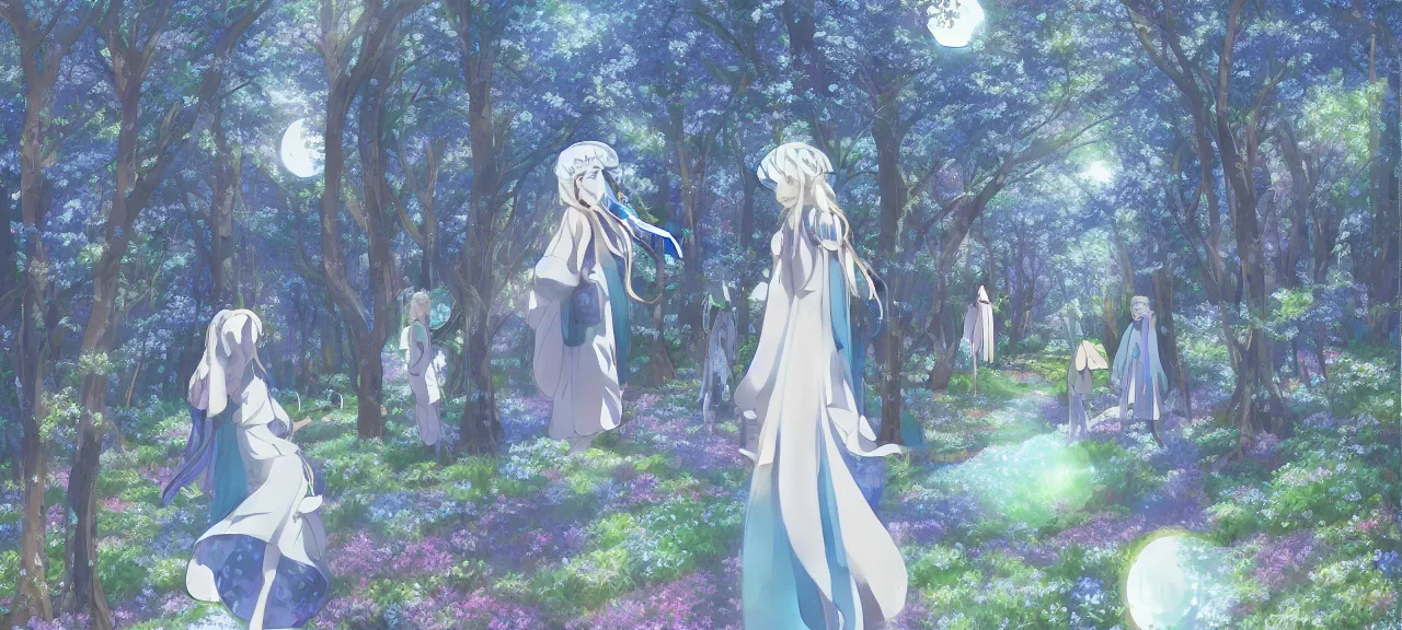 Image similar to illyasviel walking through enchanted ghibli clover | Big Moon at Blue Night | Trees with white flowers | bioluminescent blue FLOWERS | strong blue rimlit | visual-key | anime illustration | highly detailed High resolution | Light Novel | Visual Novel | In the style of Miyama-Zero, Yuuki Hagure