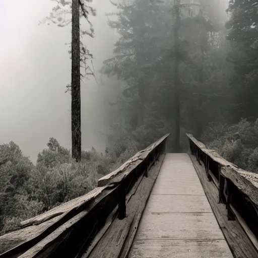 Image similar to photography of an old bridge over a dried river next to a haunted dark foggy forest with pine trees and mist, where monsters peer out waiting to pounce,