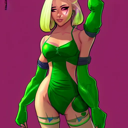 Prompt: a character design sheet of a girl with a green thight bodysuit; insanely large hips, insanely tiny waist; official Hearthstone art style trending on Artstation