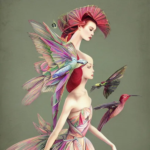 Image similar to full length view of a beautiful girl wearing an origami dress, hummingbirds, elegant, by esao andrews, by eiko ishioka, givenchy, by peter mohrbacher, centered, enchanting, floral ornamentic on cloth and hair, detailed beautiful face, high depth of field, origami, detailed fashion illustration, vogue, japanese, reallusion character creator