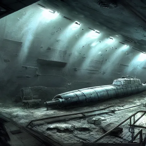 Prompt: inside an narrow quarter room of an abandonned ussr submarine, dim lighting with very small lightrays, comming, concept art, 4 k, hd, art station trending, sergii ivanchenko, sharp and highly detailed