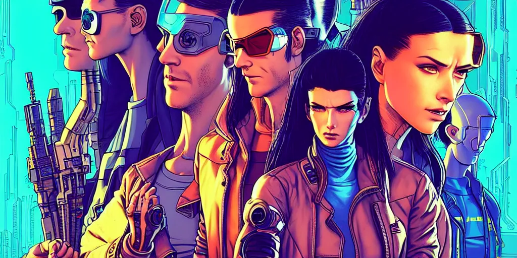 Image similar to cyberpunk hacker crew. portrait by stonehouse and mœbius and will eisner and gil elvgren and pixar. character design. realistic proportions. dystopian. cyberpunk 2 0 7 7 character art, blade runner 2 0 4 9 concept art. cel shading. attractive face. thick lines. hi def 4 k. the team. detailed interesting characters. realistic faces.