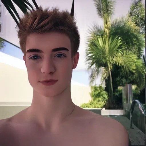 Image similar to “a realistic detailed photo of a guy who is an attractive humanoid who is half robot and half humanoid, who is a male android, twitch streamer Ninja Tyler Blevins, shiny skin, posing like a statue, blank stare, by the pool as a pool boy , display”