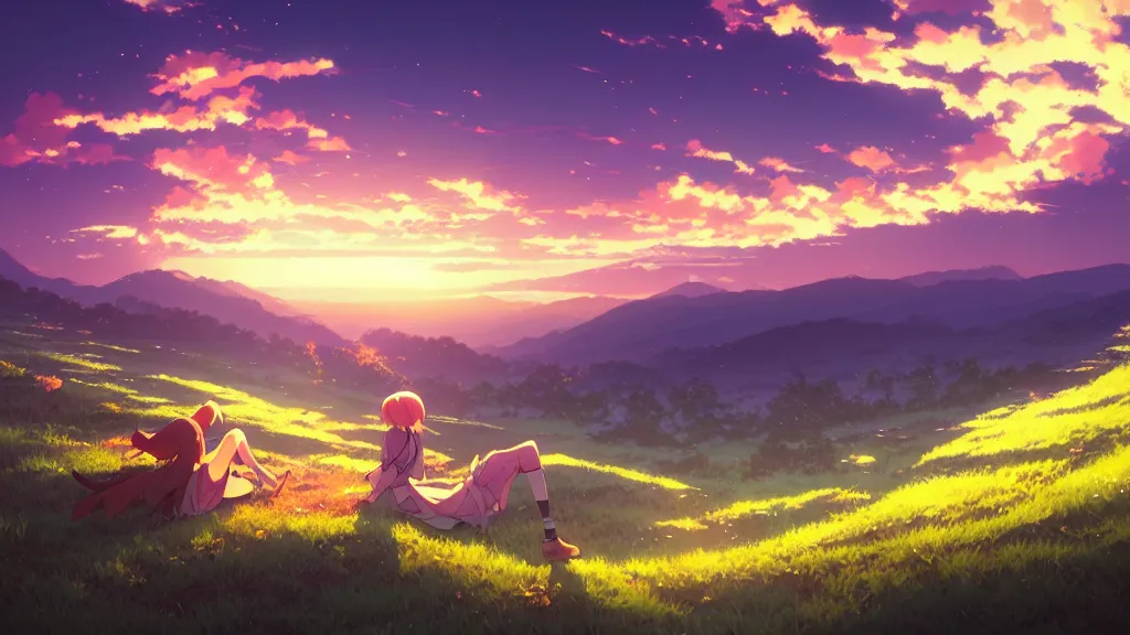 Image similar to a chocolate bar sat on the hillside and looked sky, dusk sky, beautiful sunset glow, large clouds, rich vivid colors, ambient lighting, dynamic lighting, official media, anime key visual, detailed, artwork by makoto shinkai, rossdraws.