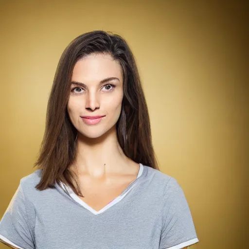 Prompt: a selfie portrait a brunette female, young, athletic, australian, wearing a gold tshirt in a studio